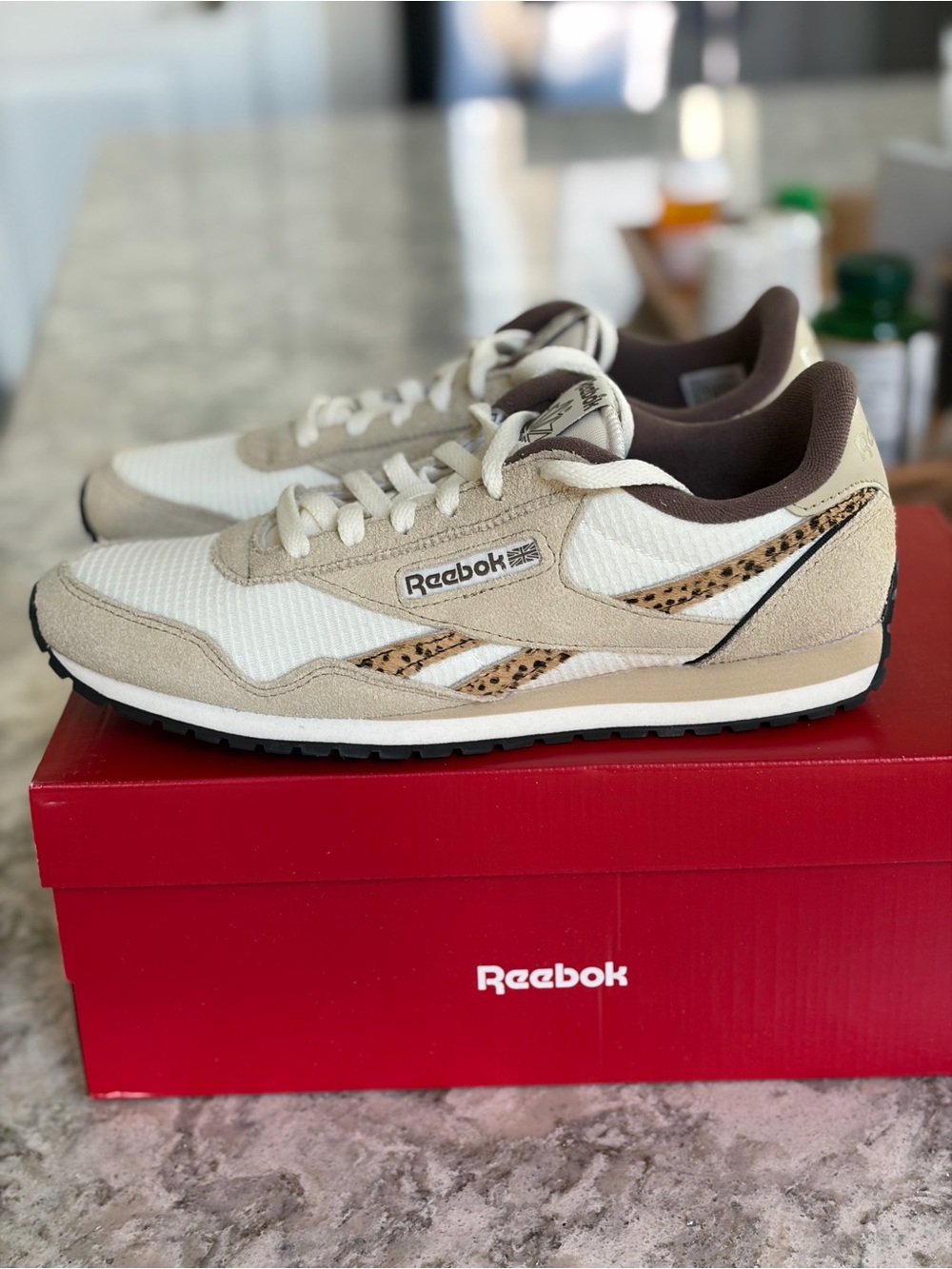 Reebok Beige, White & Brown Low-Top Sneakers with Leopard Stripe